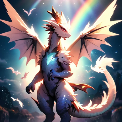 single dragon with a white dragon, a rainbow going down its neck chest stomach, and tail, iridescent dragon, with fluff at the tip of the tail, soft delicate draconic features, a small dragon, a phoenix dragon, a mythical creature, a newly hatched dragon, ...