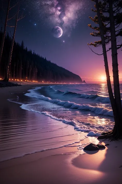 A moonlit beach that leads onto a dark forest, with a purple sky illuminating the beach water