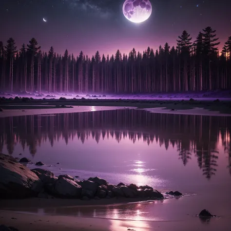 A moonlit beach that leads onto a dark forest, with a purple sky