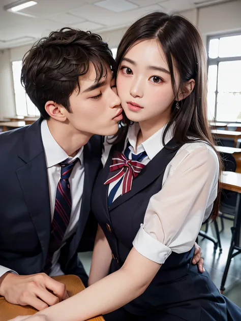 top-quality、hight resolution、ultra-detailliert、​masterpiece、Raw photography、realisitic、Photorealsitic:1.5、extremely delicate and beautiful、finely detail、 Beautiful man wearing a high school uniform、(Kissing a beautiful woman in a suit)、(In an empty classro...