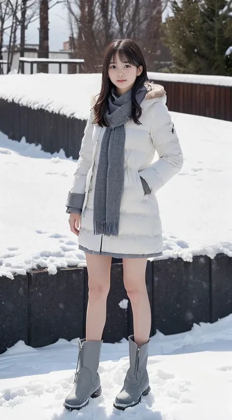 (One slender girl、Has long hair with dull bangs in winter uniform with white winter coat and gray scarf:1.5)、(A girl standing looking straight ahead with a lonely expression、the hair flutters with the wind:1.3)、(A clear sky covered with beautiful snow:1.5)...