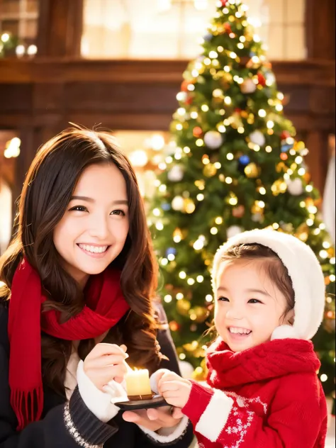 (Best Quality,Photorealistic,hight resolution),2girls,Beautiful detailed eyes,Beautiful detailed lips,Smiling,Laughing,Cute,Christmas Eve,Happy,having fun,Winters,Joyful,excited,Twinkling lights,Decorated Christmas Tree,clew,cosy atmosphere,Warm fireplace,...