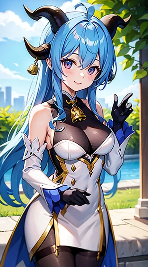 medium breasts, outside, smiling, daylight, horns, blue hair, detached sleeves, bell