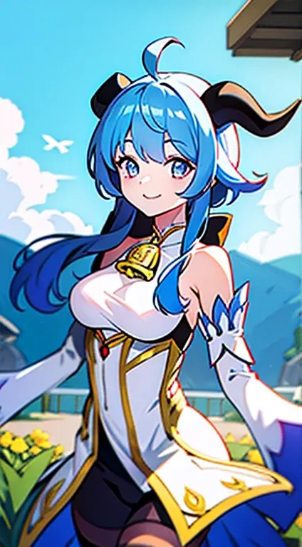 medium breasts, outside, smiling, daylight, horns, blue hair, detached sleeves, bell