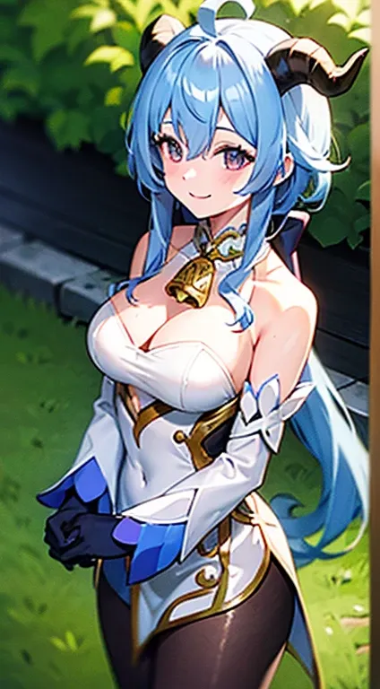 medium breasts, outside, smiling, daylight, horns, blue hair, detached sleeves, bell