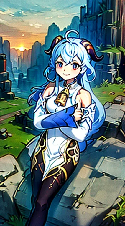 medium breasts, outside, smiling, daylight, horns, blue hair, detached sleeves, bell