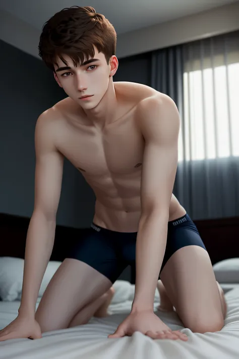 young man, 20 years old, short straight brown hair, short face, medium pale skin, shirtless, slim body, navy underwear, bulge, climbing on bed, hunched, on all fours, looking down on viewer, dark hotel room, no window, low warm light