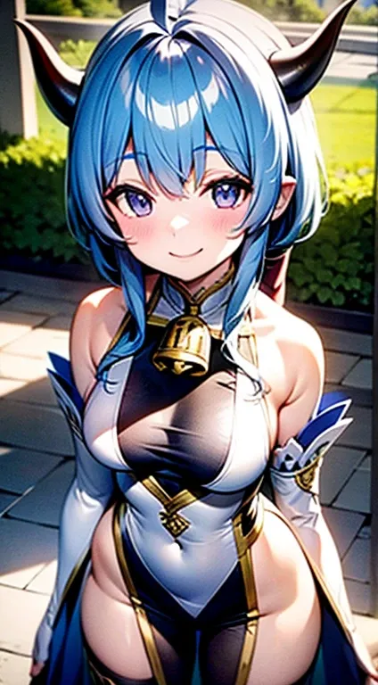 medium breasts, outside, smiling, daylight, horns, blue hair, detached sleeves, bell