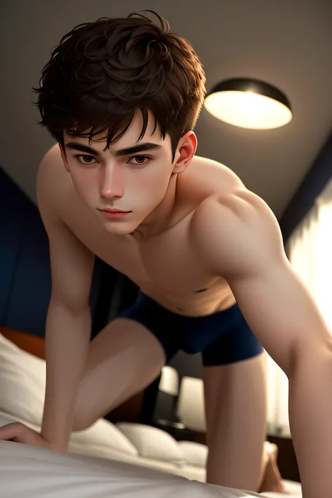 young man, 20 years old, short straight brown hair, short face, medium skin, shirtless, slim body, navy underwear, bulge, climbing on bed, hunched, on all fours, looking down on viewer, dark hotel room, no window, low warm light