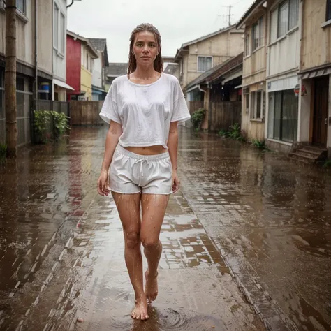 a woman wearing a white t-shirt, wet clothes, wet hair, rainy atmosphere, happy facial expression, walking barefoot on a muddy street, (photo realistic: 1.4), (hyper realistic: 1.4), (realistic: 1.3),