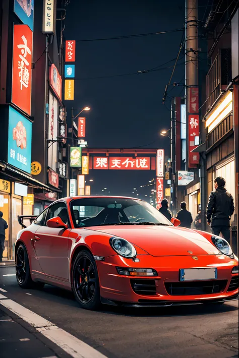 fast and furious with cats, streets of tokyo japan, image of porsche 911, dark brown tabby cat standing beside car, night time, street lights, convenience store in background behind car, 1car