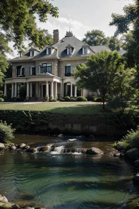 Gray colored mansion with a river in a forest