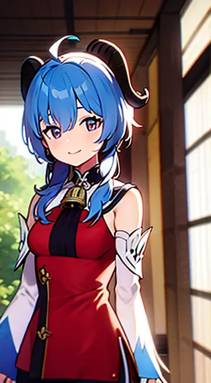 medium breasts, outside, smiling, daylight, horns, blue hair, detached sleeves, bell