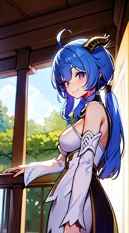 medium breasts, outside, smiling, daylight, horns, blue hair, detached sleeves, bell