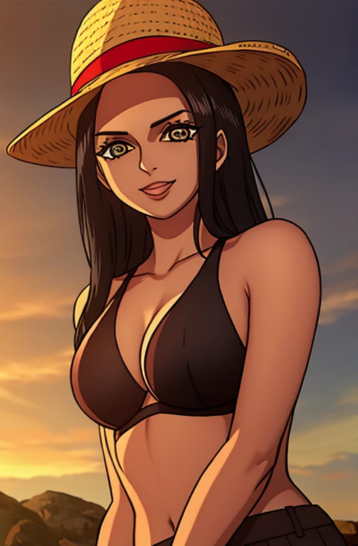 1blackgirl, wanostyle, nico robin, olhos azuis, cabelo branco, pele negra, pele preta, sorridente, straw hat, olhando para o espectador, solo, parte superior do corpo, ((obra-prima)), (melhor qualidade), (extremamente detalhado), profundidade de campo, ske...