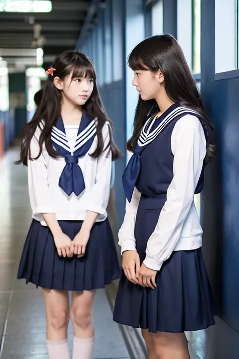 school hallway、Two beautiful girls、Same school uniform、Same sailor suit、sixteen years old、Stunned expression、long  skirt、