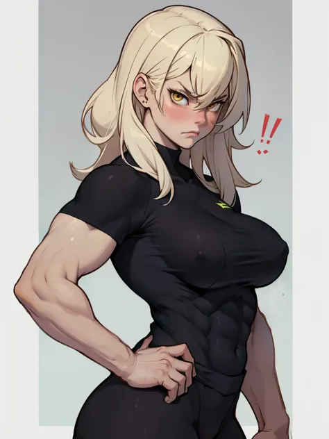 girl muscles large breasts pale skin black long hair yellow eyes tight shirt sad blushing solo frown