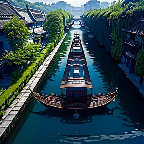 There is a blue umbrella on the table in front of the pool, Cidade antiga de Zhouzhuang, cidades chinesas sonhadoras, sentado em um pequeno barco de bambu, em um barco em um lago, Aquarela altamente detalhada 8 K, Aquarela altamente detalhada 8K, fantasia....