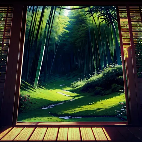 (best quality,4k,8k,Altas,master part:1.2),ultra-detalhado,(Realistic,fotorrealista,photo-realistic:1.37),Floresta de Bambu,Moonlight through the bamboo forest,Lua Redonda,Dancing fireflies,Lanternas brancas espalhadas,arte de fundo do anime,Anime Beautifu...