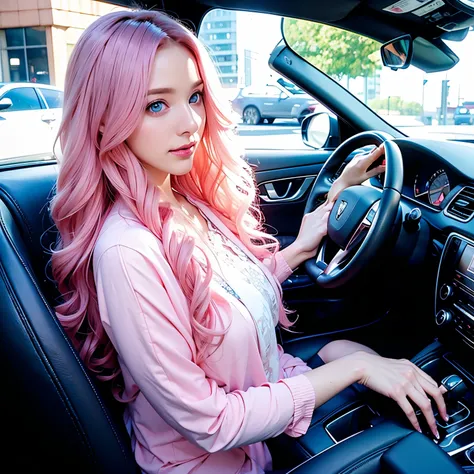 Woman, long curly hair, pink hair, blue eyes, typing in car, city background, holding the steering wheel, inside the car typing