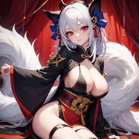 Kitsune, Retrato de Onmyoji, Chica de anime demonio, Deidad de pelo blanco, Arte de cuerpo completo, con ojos rojos, tatuajes en el pecho,cuerpo sexy,best_quality,Sexy Big Breast,erotic pose