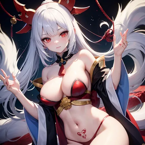 Kitsune, Retrato de Onmyoji, Chica de anime demonio, Deidad de pelo blanco, Arte de cuerpo completo, con ojos rojos, tatuajes en el pecho,cuerpo sexy,best_quality,Sexy Big Breast,erotic pose