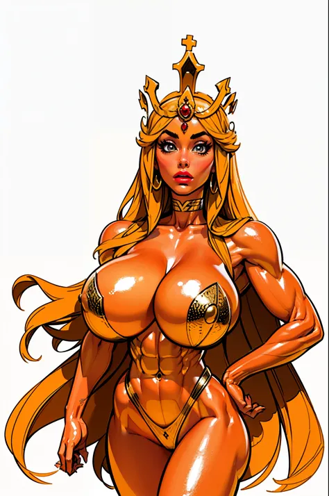 ((side profile)), ((full body view:1.4)), ((masterpiece)),(((best quality))), ((egyptian empress, mature face)), ((big eyes:1.4)), (( crown:1.4)), defined cheekbones, high cheekbones, illustration, ((muscular:1.3)), ((gold:1.4)), sexy bimbo, (gigantic brea...