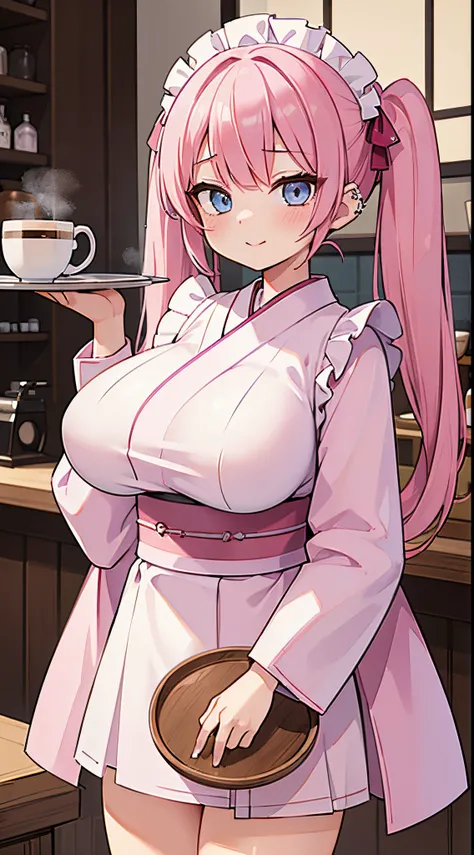 (​masterpiece、top-quality、ultra-detailliert)、((1 girl))、((Pink hair twin tails))、light blue  eyes、evilsmile、piercings、((very Bigger breasts))、pink kimono maid、have a tray、cowboy  shot、Coffee shop background