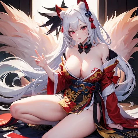 Kitsune, Retrato de Onmyoji, Chica de anime demonio, Deidad de pelo blanco, Arte de cuerpo completo, con ojos rojos, tatuajes en el pecho,cuerpo sexy,best_quality,Sexy Big Breast,erotic pose