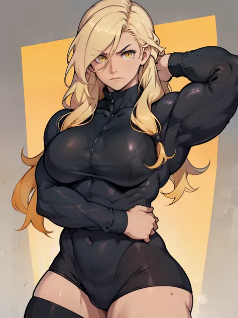 girl muscles huge breasts black long hair yellow eyes pale skin thick toned body muscular long sleeve leotard solo solo sad sad muscular muscular