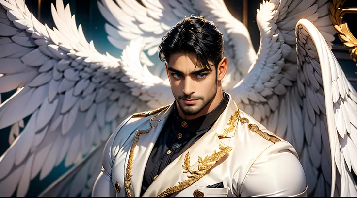 (best quality,ultra-detailed,realistic:1.37), Daegan Tronos Character(1), handsome, dark skin, dark-tanned, perfect wings angel, symmetrical wings,blue eyes,small beard, medium-long haircut,casual outfit, urban italian clothing, trench coat, man stance, at...