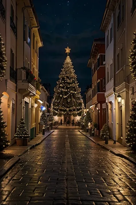 street with christmas decoration, Decorated Christmas Tree, noite