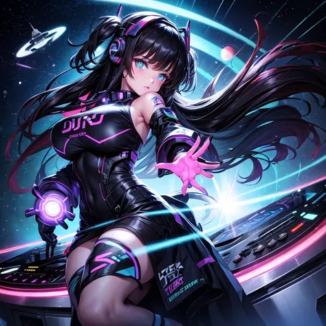 (female DJ), outer space, Mecha, long black hair, neon streams, massive boobs,