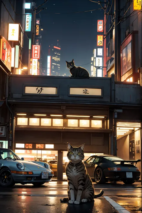 fast and furious with cats, streets of tokyo japan, image of porsche 911, dark brown tabby cat sitting beside car, highly detailed cat, correct proportions, night time, street lights, convenience store in background behind car, 1car