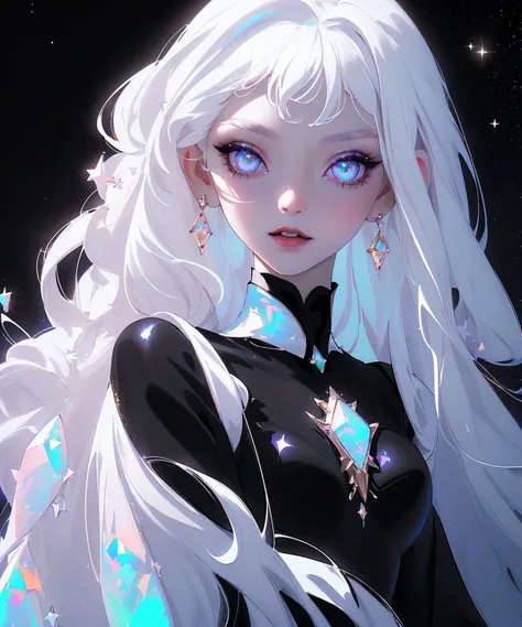 masterpiece, highest quality, (perfect face:1.1, (high detail)1.1, sweet Alien vampire , long soft white hair, opal eyes, perfectly drawn face, black dress, stars detailed background, prismatic lighting, glitter