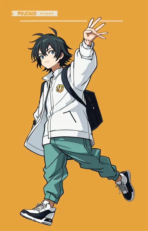 a drawing of a man with a backpack and a raised hand, Estilo anime 2D, anime full body illustration, personagem Estilo anime, Personagem de anime, vestindo um Carrancudo, Estilo anime, menino anime, com o dedo indicador, anime moe artstyle, Fubuki, cheio_C...