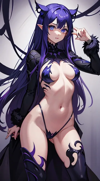 Young girl, long purple hair, blue eyes, blue symbiote costume, Venom, Carnage, blood, claws, masterpiece, high quality, open belly, tentacle sex,