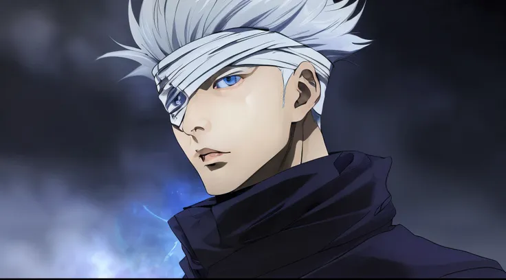 pale asian man with glowing blue eyes, white bandage covering forehead and right eye, white flowing hair, black suit with turtleneck, satoru gojo