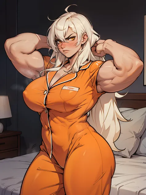 1girl solo black long  hair yellow eyes very long hair pale skin muscular muscular muscular girl muscular toned body huge muscles thick thighs girl angry blushing pajamas thick thick thick thick pajamas