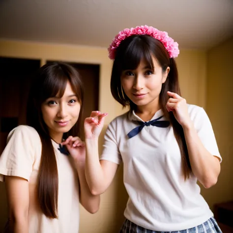 (Identical twin sisters),2girls,(tareme:1.2), (Wear school uniforms:1.3), (kawaii:1.3), (sepia Hair,  Bangs Hair:1.2),
Dress, bow ribbon,Hair Ribbon, Hair Ornament,Hair Flower, Evil, Looking at Viewer, pink headwear,Red Eyes,symbol-shaped pupils, Short sle...