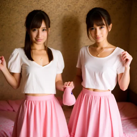 (Identical twin sisters),2girls,(tareme:1.2), (Wear school uniforms:1.3), (kawaii:1.3), (sepia Hair,  Bangs Hair:1.2),
Dress, bow ribbon,Hair Ribbon, Hair Ornament,Hair Flower, Evil, Looking at Viewer, pink headwear,Red Eyes,symbol-shaped pupils, Short sle...