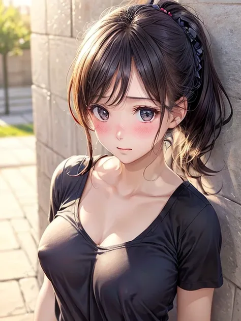 Realistic,、One wall, Wide Angle,1girl in、Black ponytail, Shy, embarrassed, blushed, Wide Angle, POV, From  above, (Medium breasts and beautiful nipples), llight rays, Glow, (masutepiece), 18year old、face to the viewer、Bring your chest together、Focus on the...