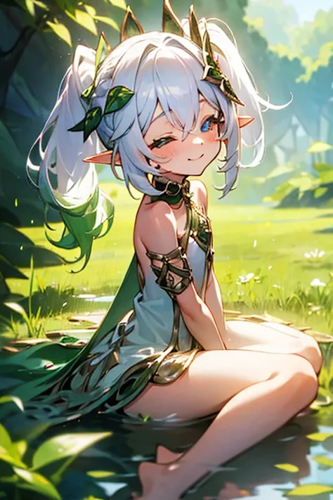 nude, naked, loli, flat chest, outside, smiling, elf ears, pointy ears, daylight, open eyes, happy, hair ornament, white hair, side ponytail