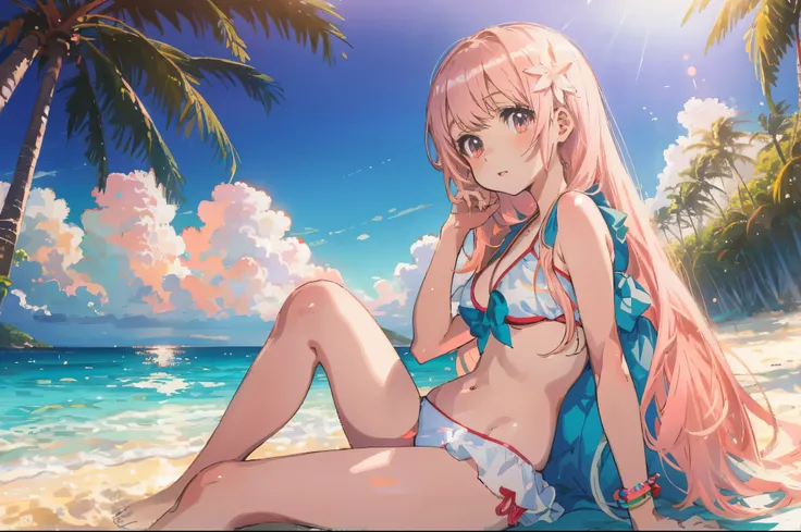 An image captured with a leica summarit 50mm f1.5 lens, featuring a portrait of a 17 years old anime girl with pink long hair,she wearing white bikini swimsuits,she sitting on white sand beach,,two legs,tropical island and ocean background, with a cinemati...