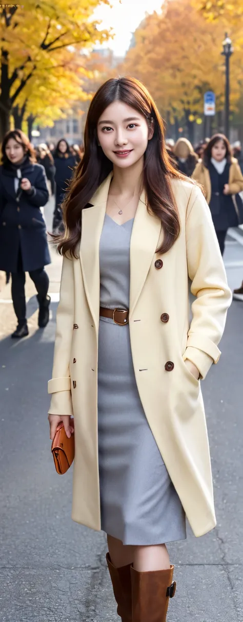 (8k, RAW photos, top quality, masterpiece: 1.2, ultra detailed, super resolution, real photos: 1.37), (Full body photo), 1 noble elegant Japanese lady, (standing contrapposte), winter season, ((pale color coodinate amber peach light brown other color, wear...