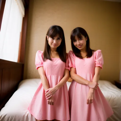 (Identical twin sisters),2girls,(tareme:1.2), (Wear school uniforms:1.3), (kawaii:1.3), (sepia Hair,  Bangs Hair:1.2),
Dress, bow ribbon,Hair Ribbon, Hair Ornament,Hair Flower, Evil, Looking at Viewer, pink headwear,Red Eyes,symbol-shaped pupils, Short sle...