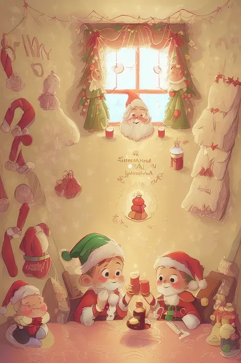 (((Use an illustration style), The room is decorated with a strong Christmas atmosphere. A string of shining colored lights hangs on the wall, Christmas wreath and little snowman on the windowsill, In the corner of the room stands a beautifully decorated C...