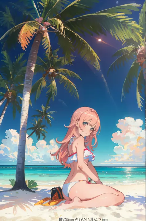 An image captured with a leica summarit 50mm f1.5 lens, featuring a portrait of a 17 years old anime girl with pink long hair,she wearing white bikini swimsuits,she sitting on white sand beach,,two legs,tropical island and ocean background, with a cinemati...