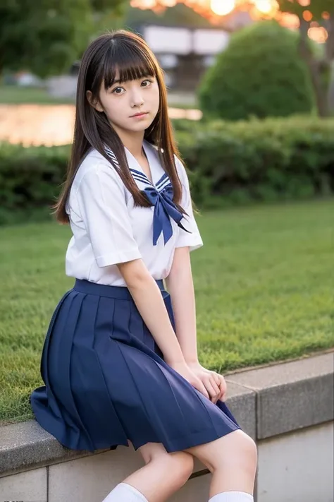 Ruins、((Two beautiful Japan girls))、Same school uniform、Same sailor suit、13 year old eyes、With bangs、serious facial expression、Navy long skirt below the knee、Long straight hair、(early evening)、(Sunset)、frontage、