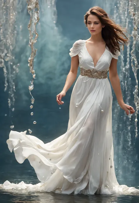 mulher bonita, dynamic pose, movimento suave, (water, white dress with water pearls, stream of water, controlling water:1.2), so...